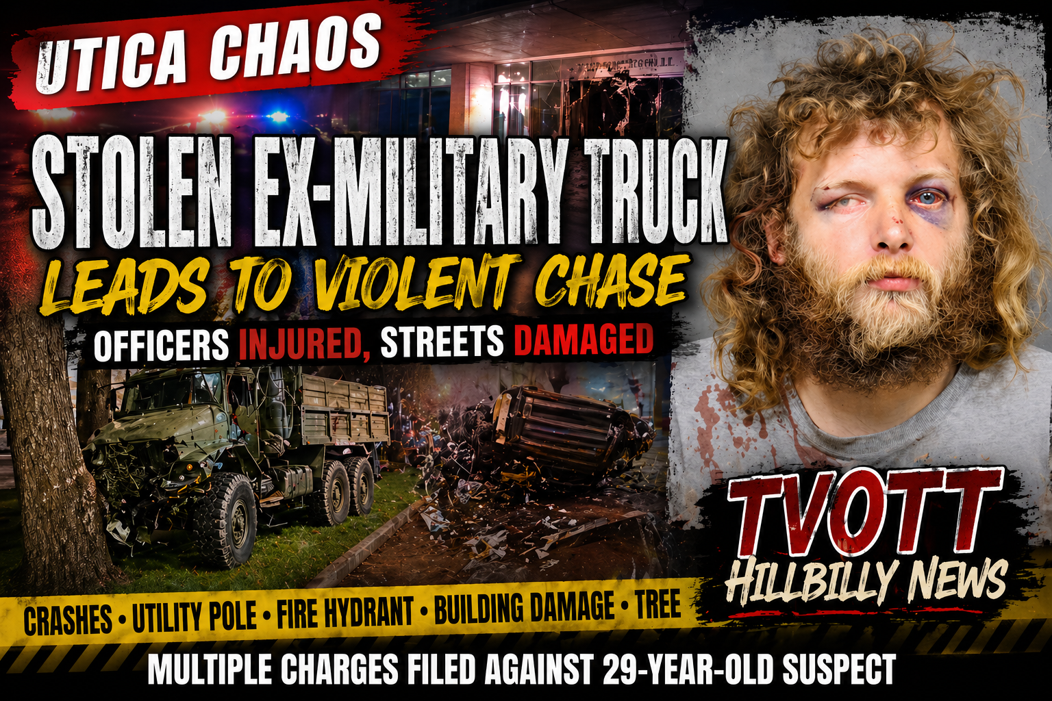 Stolen Military-Style Truck Leads to Violent Chase Through Utica — Officers Injured, Streets Damaged